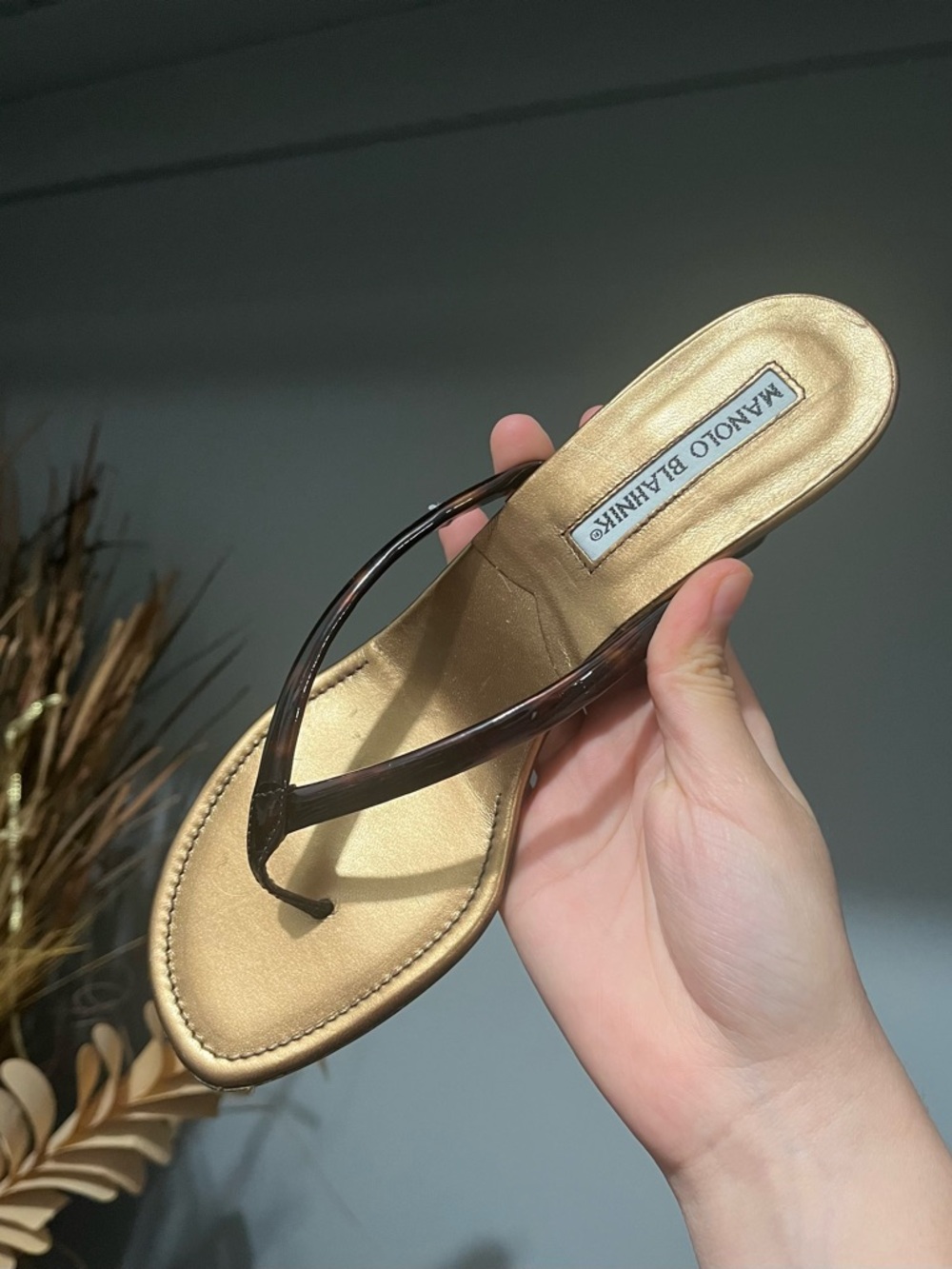 Manolo Blahnik Metallic Gold Leather Thong Sandal with tortoiseDark Brown Straps